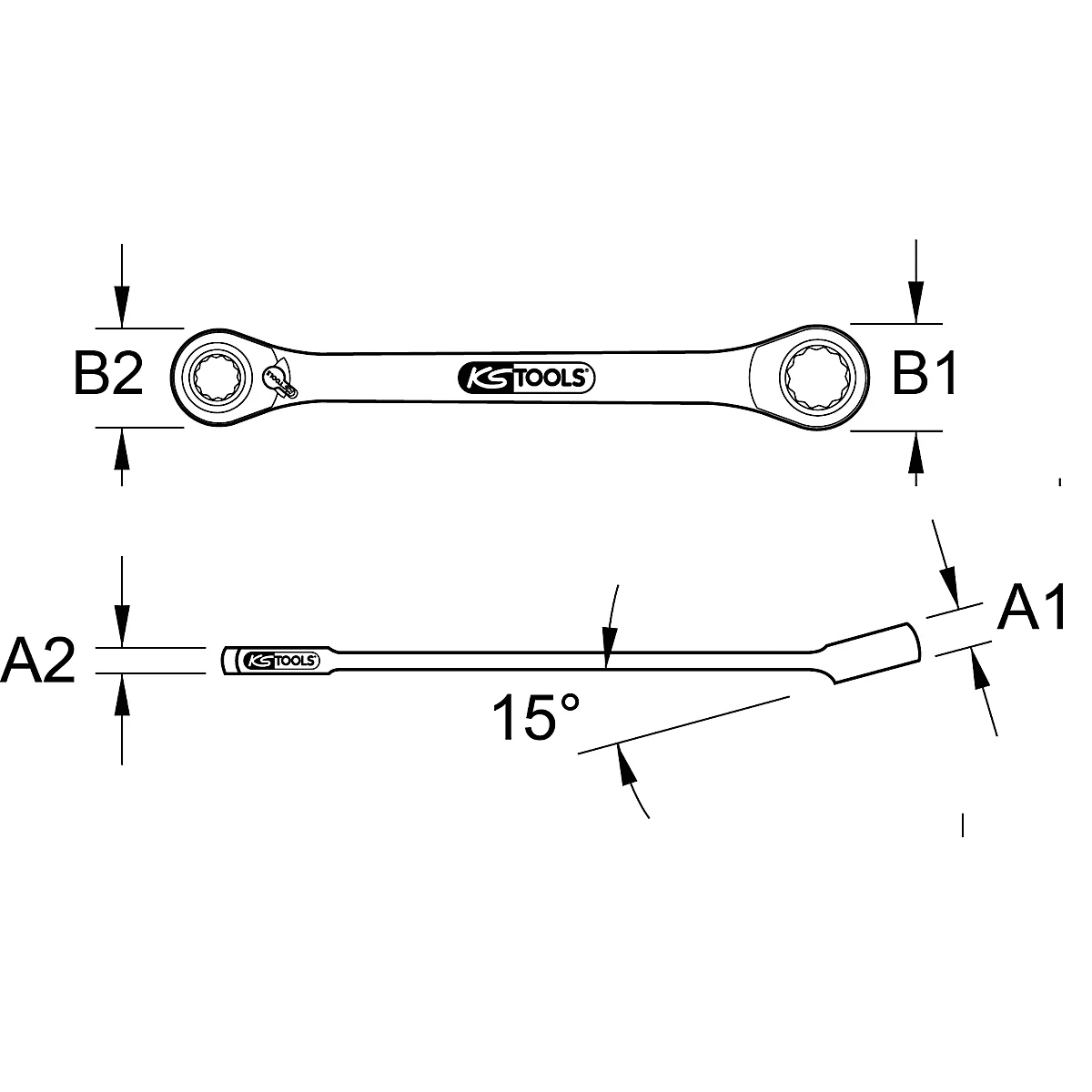 Draufsicht auf einen Schraubenschlüssel mit Maßangaben, Winkeln und dem Logo 'KS TOOLS'.